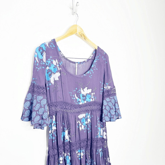 FREE PEOPLE Floral PURPLE pleated tiered boho mini dress womens XS - Picture 3 of 9